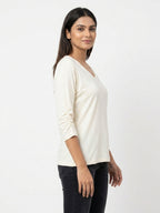 Off White Solid V-Neck 3/4 Sleeve Top