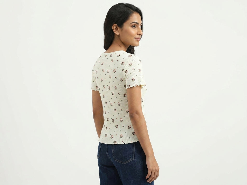 Women's Off White Floral Printed Ribbed T-Shirt