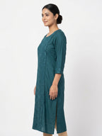 Teal Embellished Textured Kurti