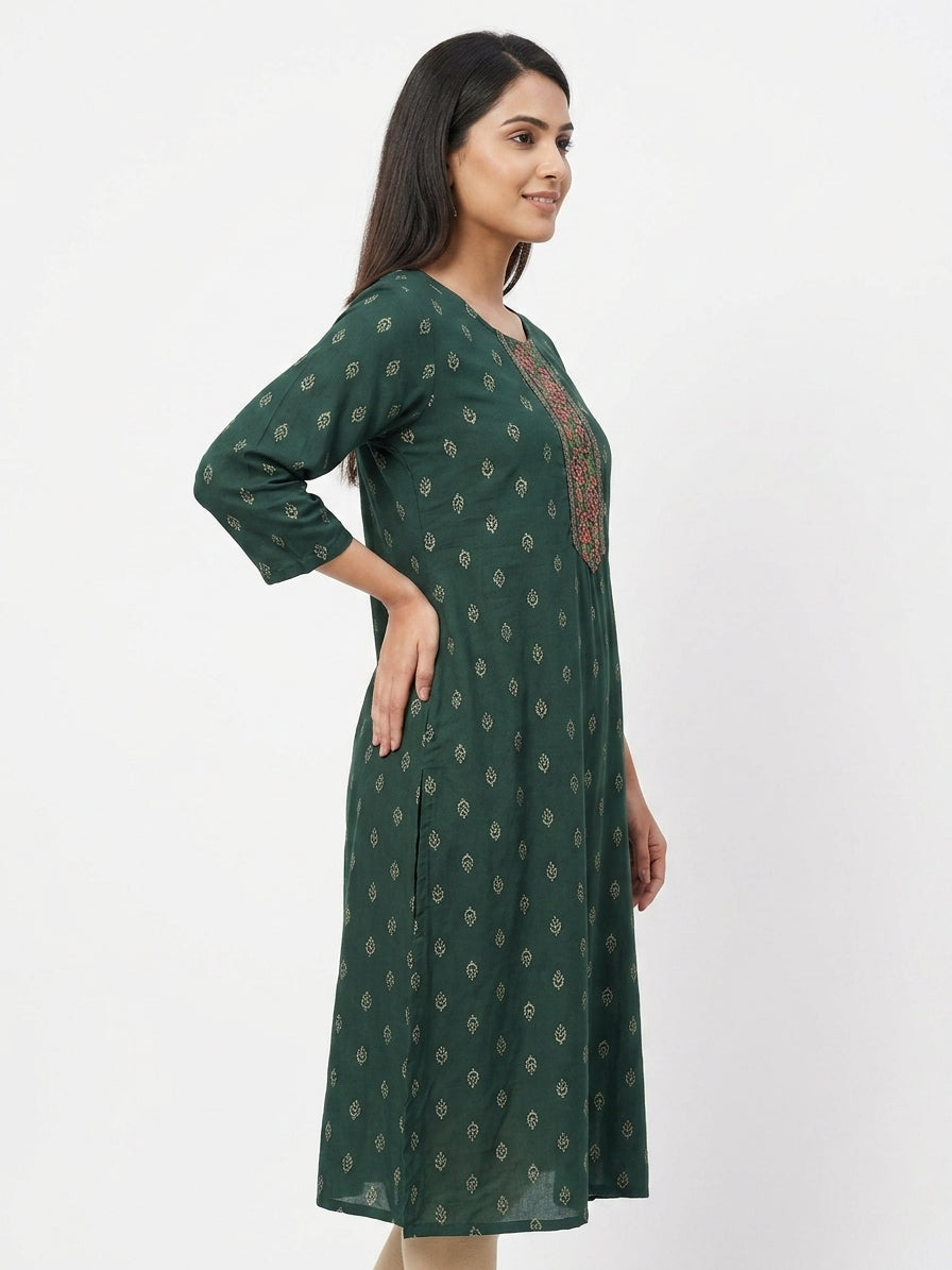 Women's Dark Green Printed Kurti with Embroidered Yoke
