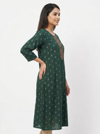 Women's Dark Green Printed Kurti with Embroidered Yoke
