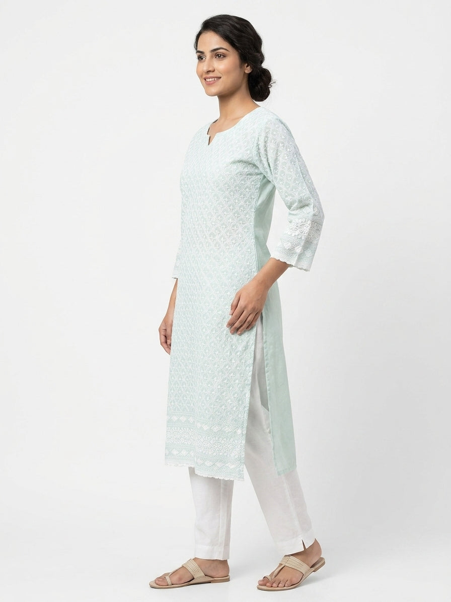 Sky Blue Embroidered Cotton Kurti