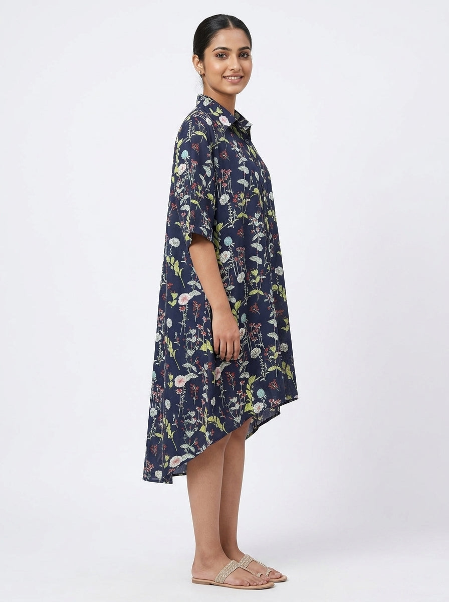 Navy Blue Floral Printed Relaxed Fit Dress