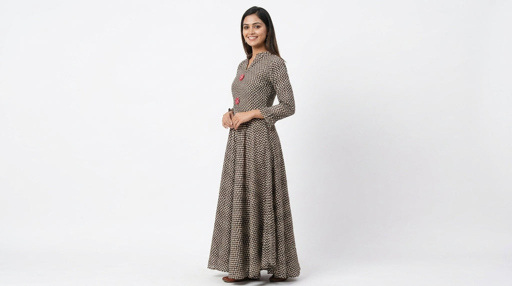 Brown Geometric Print Flared Dress
