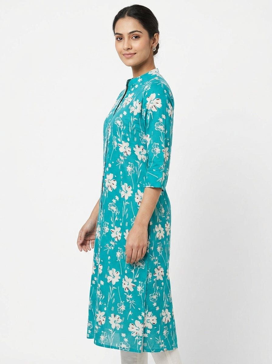 Turquoise Floral Print Cotton Kurti for Women