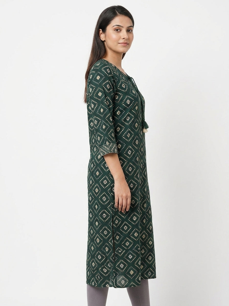 Women's Dark Green Ethnic Print Regular Fit Kurti