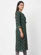 Women's Dark Green Ethnic Print Regular Fit Kurti