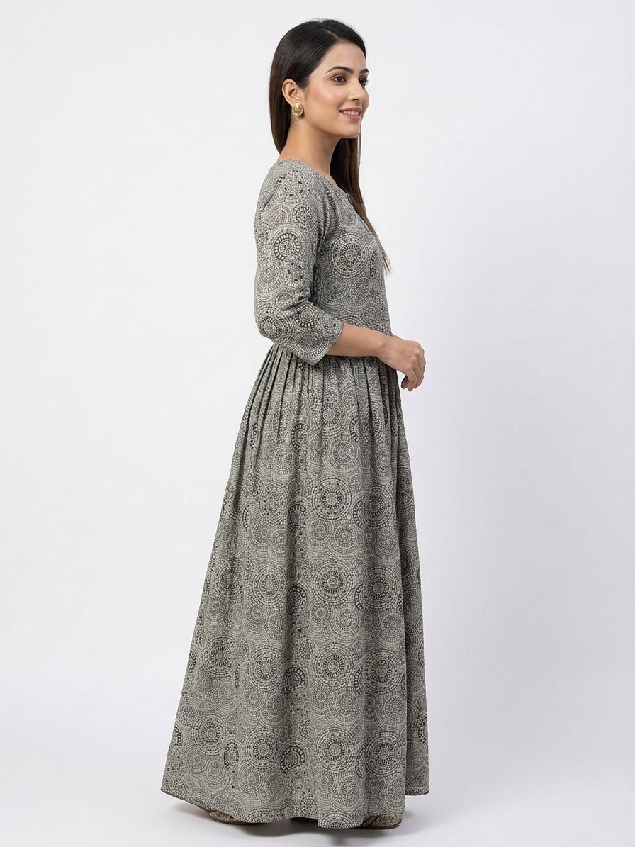 Grey Ethnic Print Flared Kurti