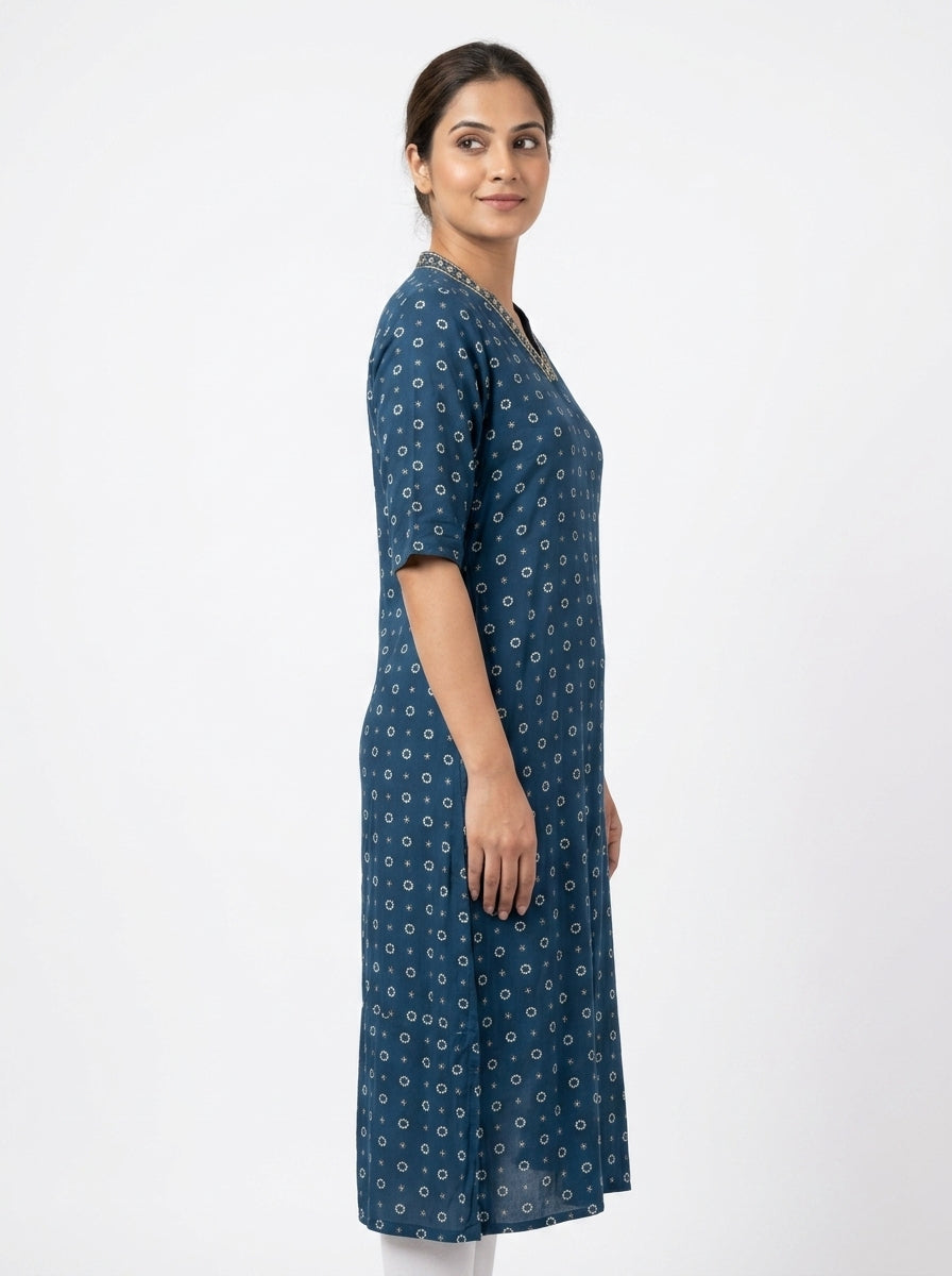 Women's Dark Blue Printed Embellished V-Neck Kurti