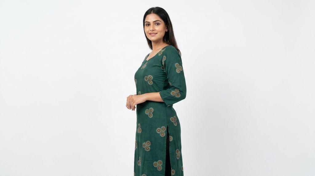Dark Green Ethnic Print Regular Fit Kurti