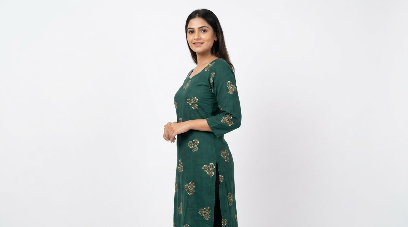 Dark Green Ethnic Print Regular Fit Kurti