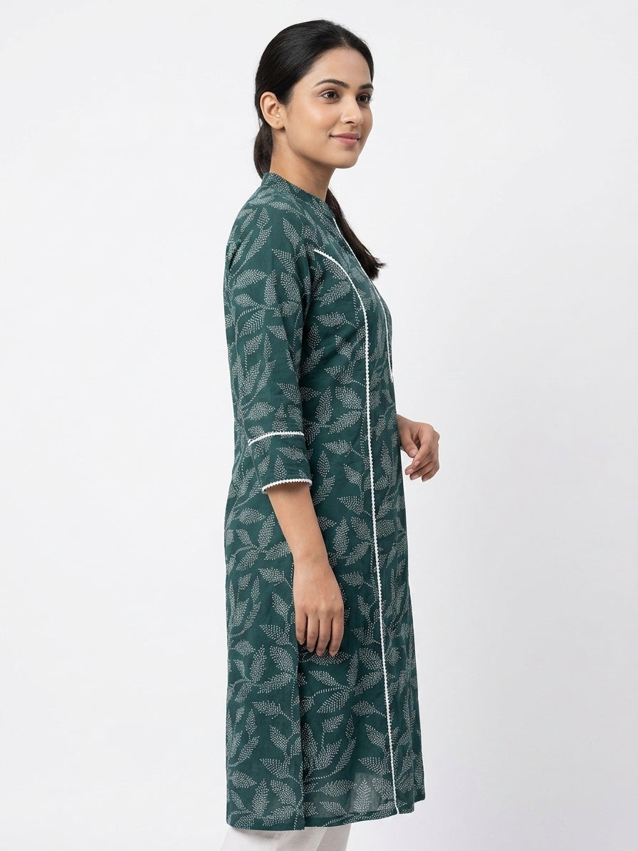 Dark Green Botanical Print Straight Kurti