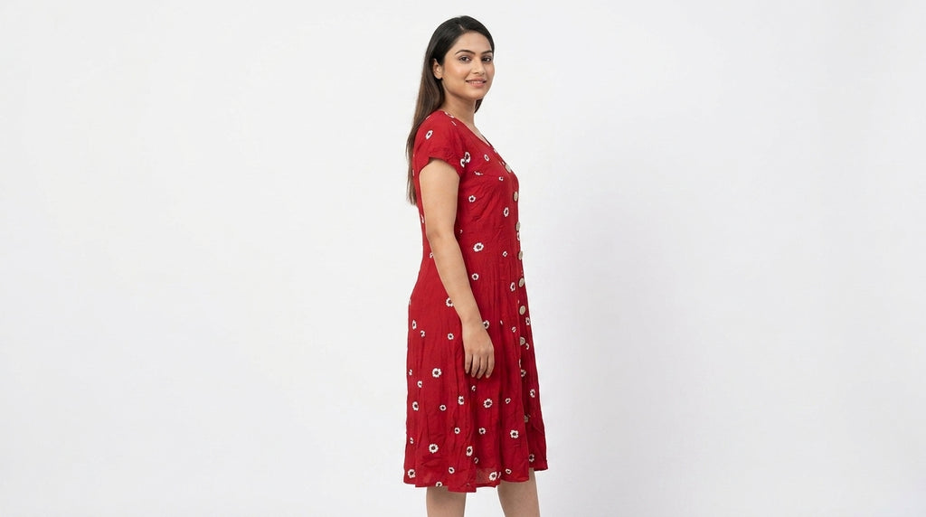 Red Printed Rayon Casual Dress