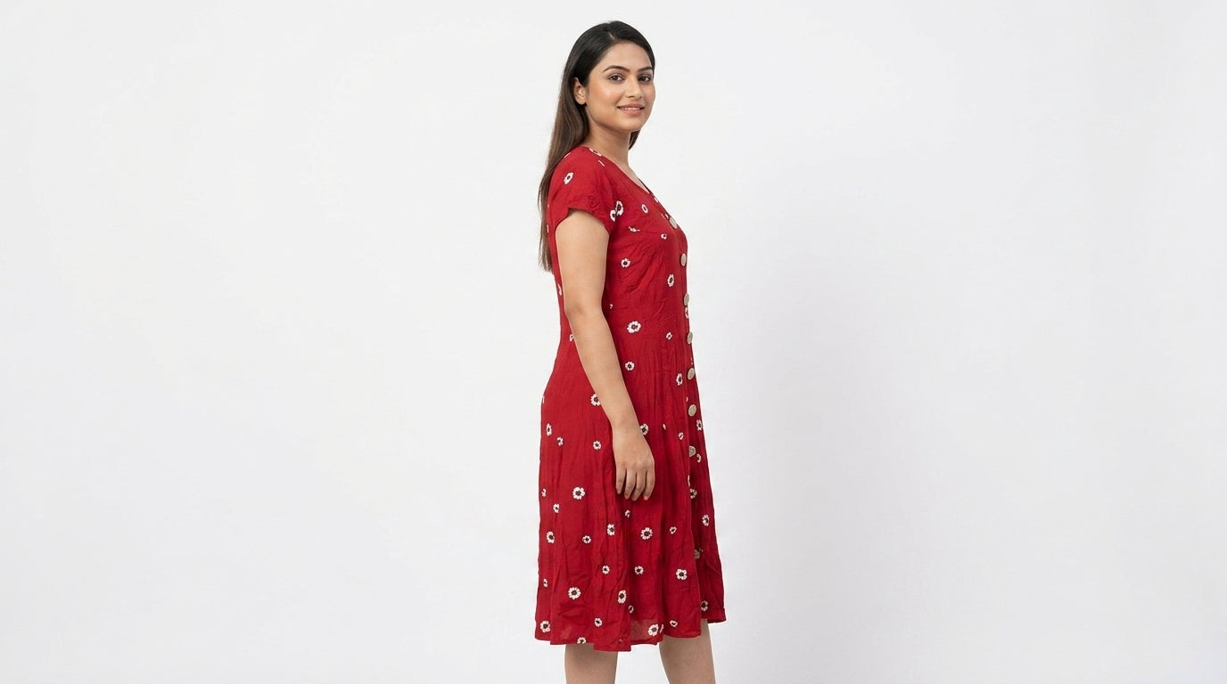 Red Printed Rayon Casual Dress