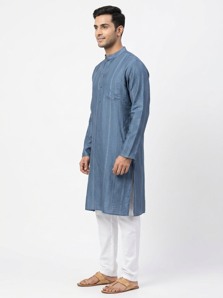Fabindia Blue Self Design Silk Blend Kurta
