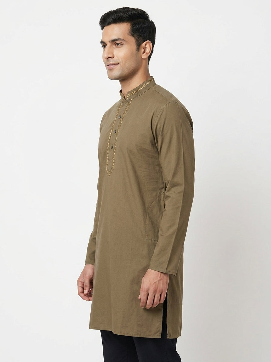 Men's Olive Embellished Cotton Kurta
