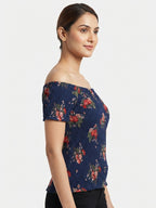 Navy Blue Floral Smocked Off-Shoulder Top