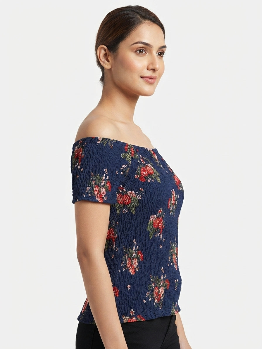 Navy Blue Floral Smocked Off-Shoulder Top