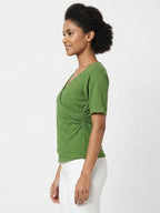 Women's Green Ribbed Wrap V-Neck Top