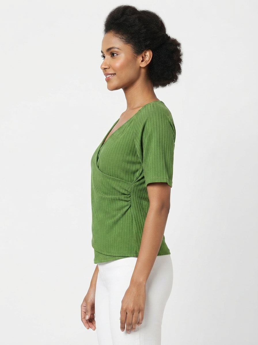 Women's Green Ribbed Wrap V-Neck Top