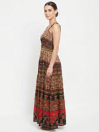 Multi-colored Ethnic Print Flared Maxi Dress