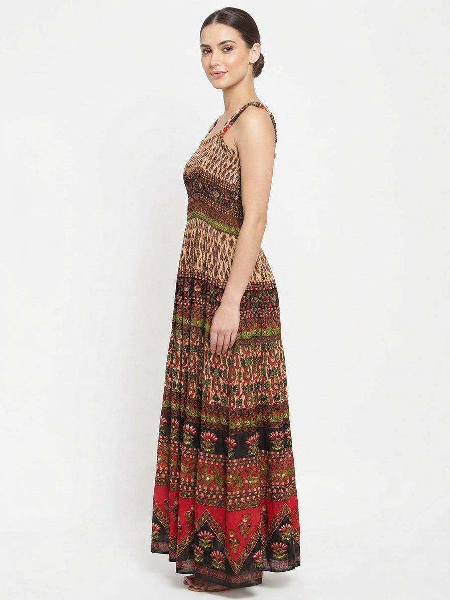 Multi-colored Ethnic Print Flared Maxi Dress
