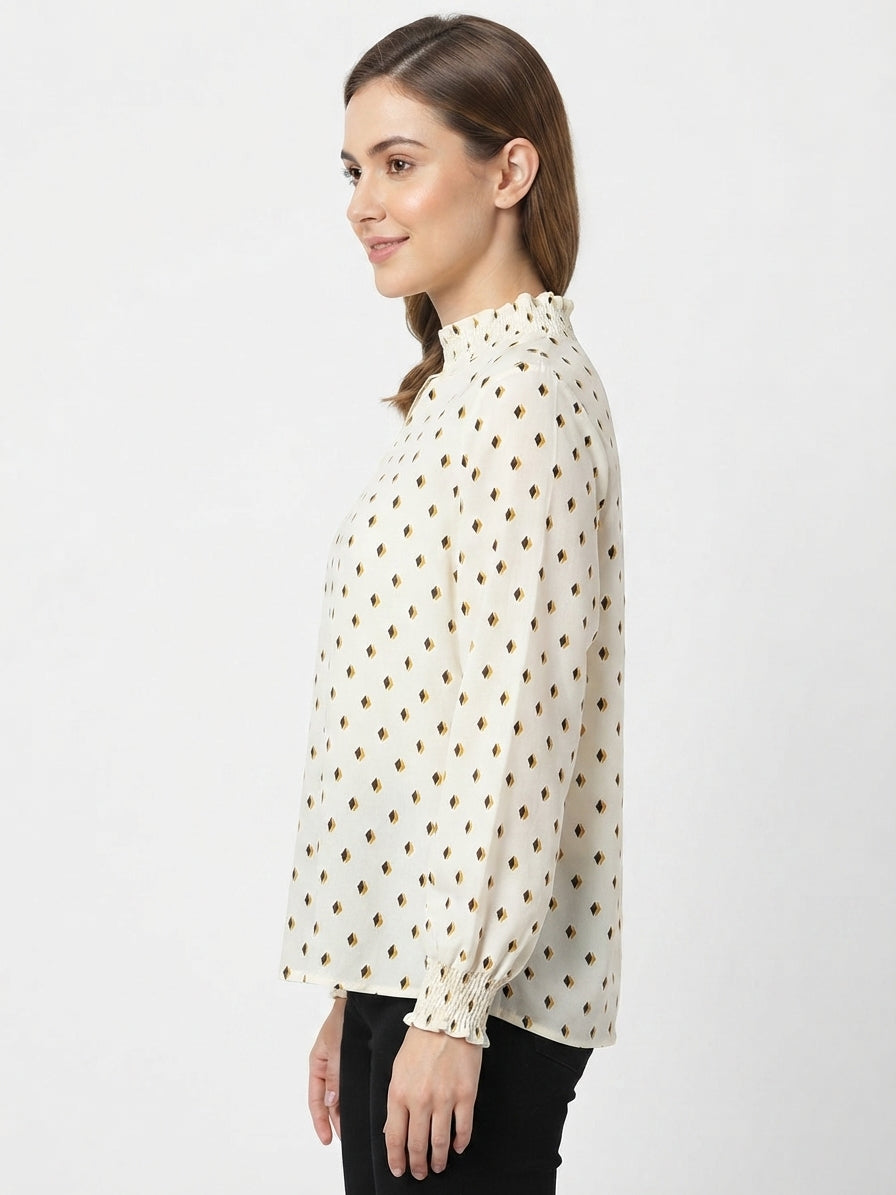 Women's Off White Geometric Printed Smocked Neck Top