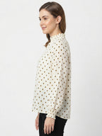 Women's Off White Geometric Printed Smocked Neck Top