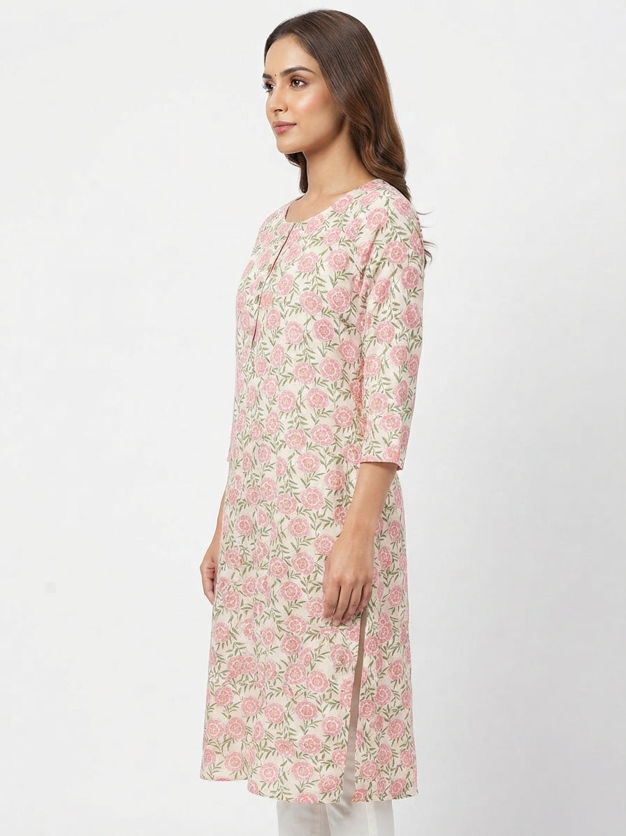Cream Floral Print Straight Kurti