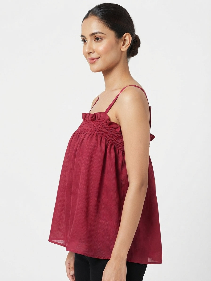 Women's Wine Relaxed Fit Smocked Top