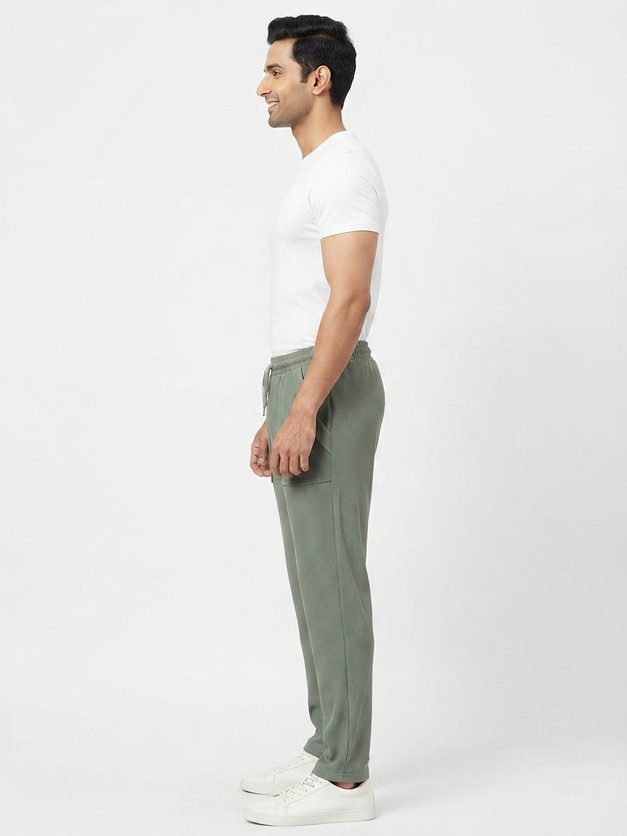 Olive Textured Relaxed Fit Casual Trousers