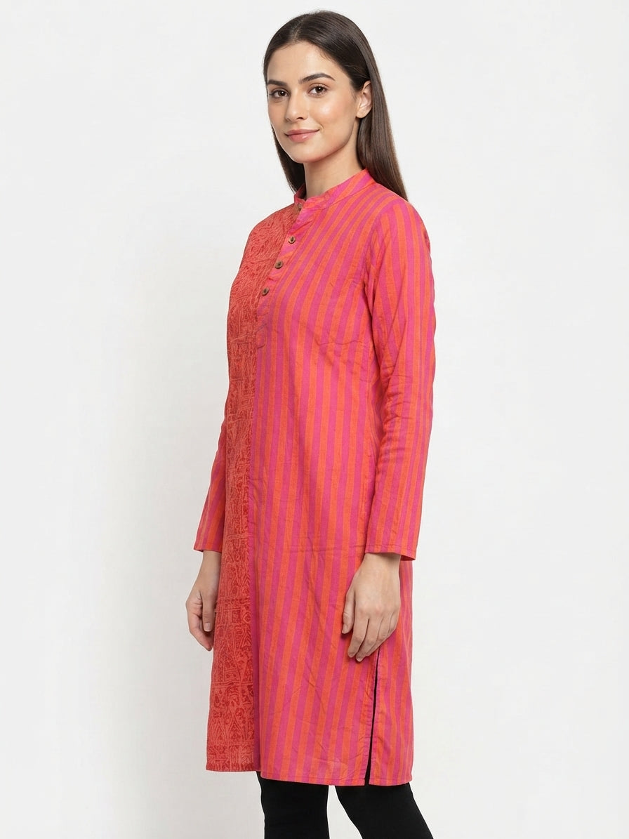 Multi-Color Ethnic Print & Striped Cotton Kurti