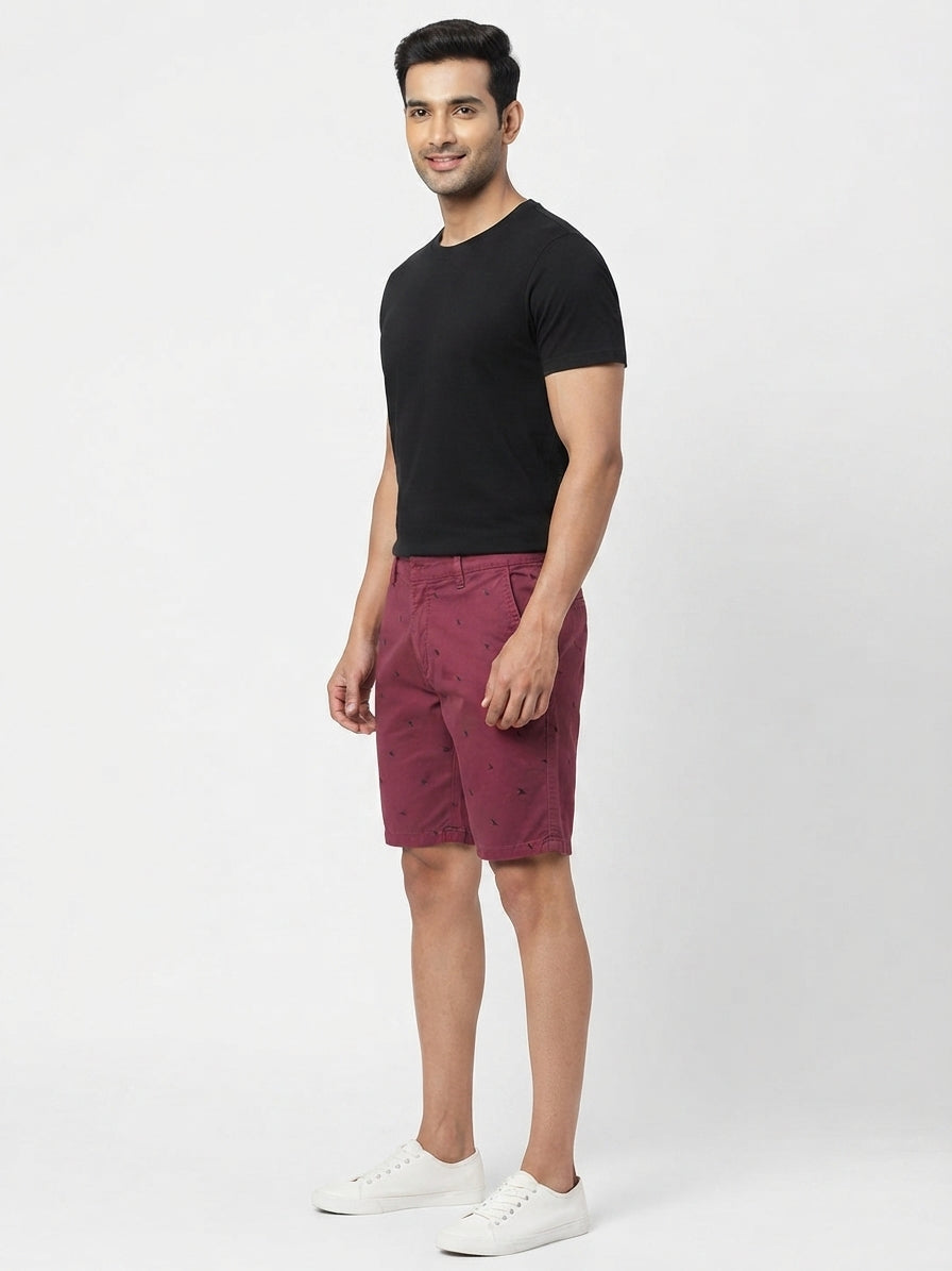 Burgundy Printed Regular Fit Shorts