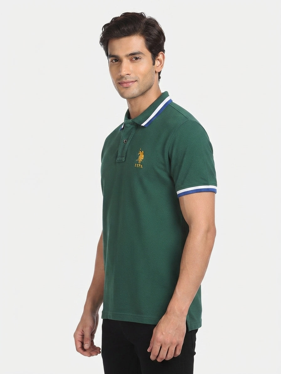 USPA Green Polo T-Shirt with Striped Collar and Cuffs