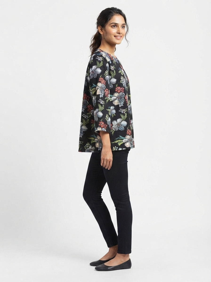 Women's Black Floral Printed Regular Fit Top