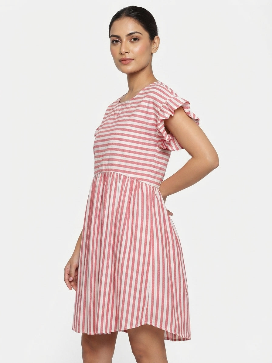 Red and White Striped Ruffled Sleeve Dress