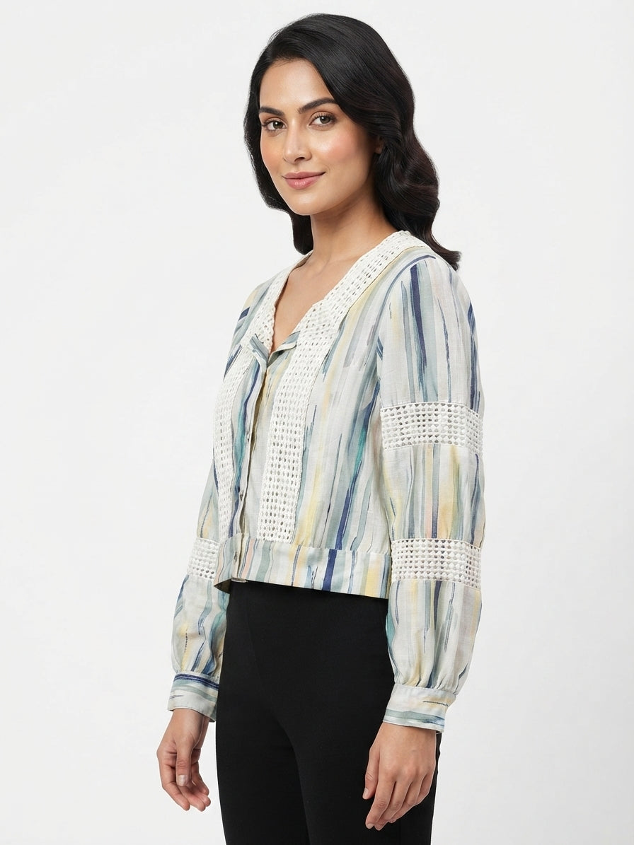 Abstract Print Multi-Color Top with Crochet Details