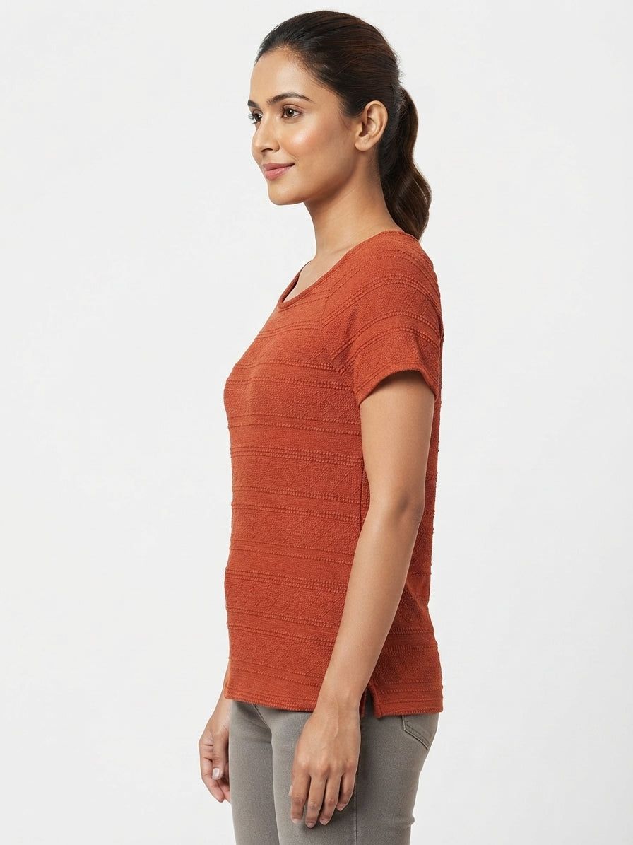 Rust Self-Design Knit Regular Fit Top