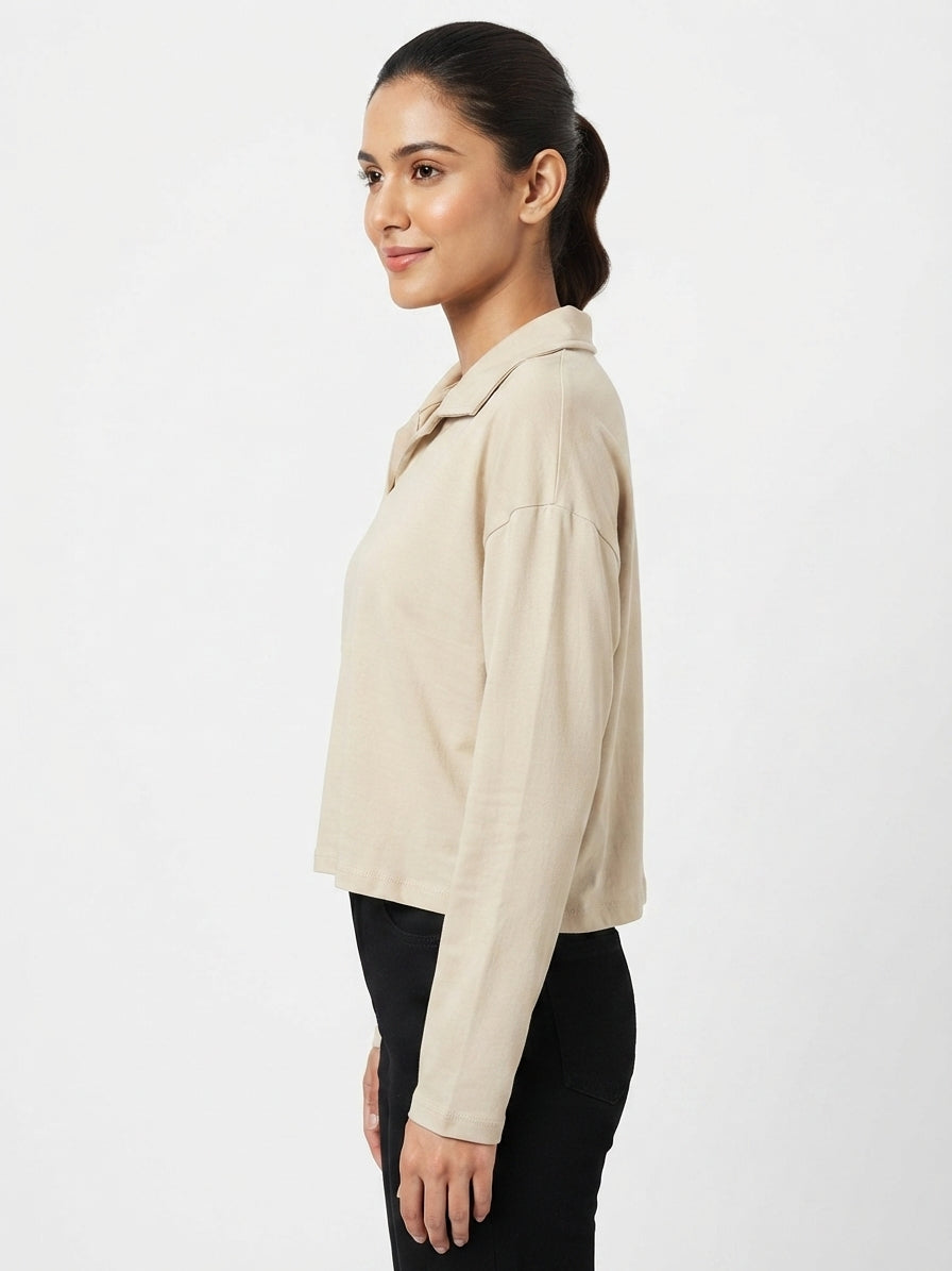 Beige Solid Knit Polo Collar Long Sleeve Relaxed Fit Top