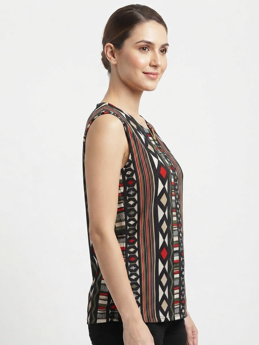 Black Geometric Print Sleeveless Top
