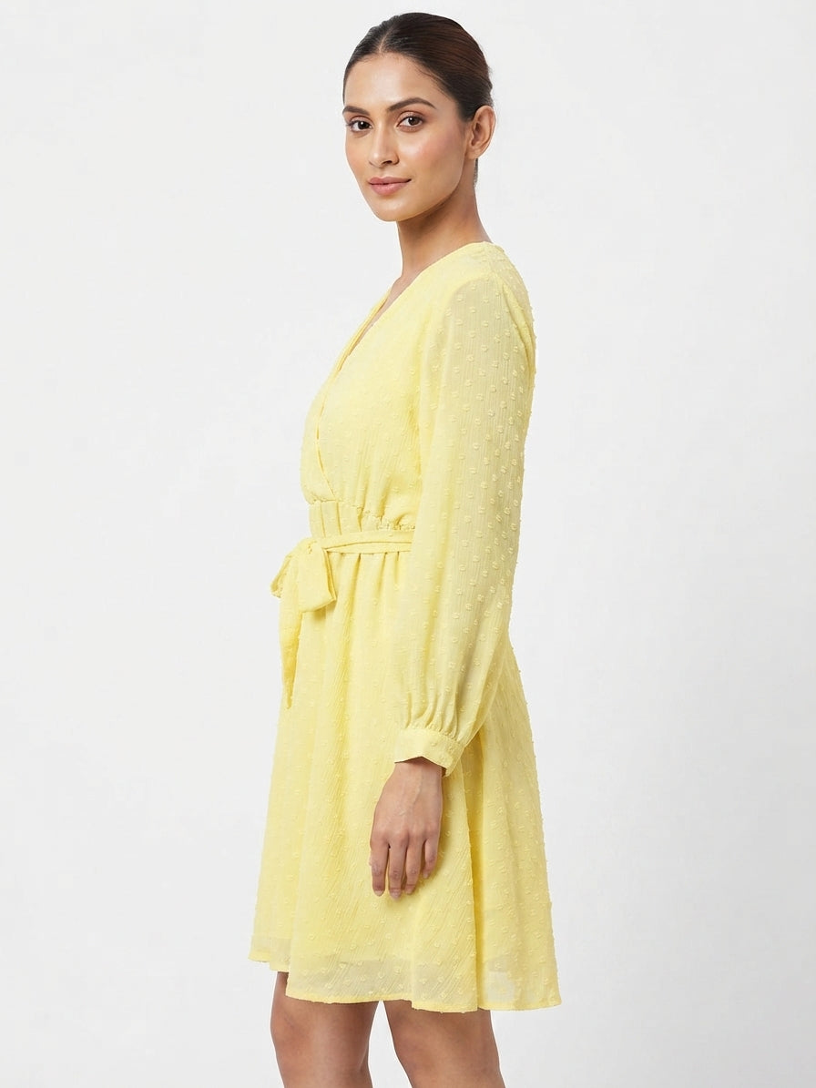 Women's Yellow Textured Wrap Dress