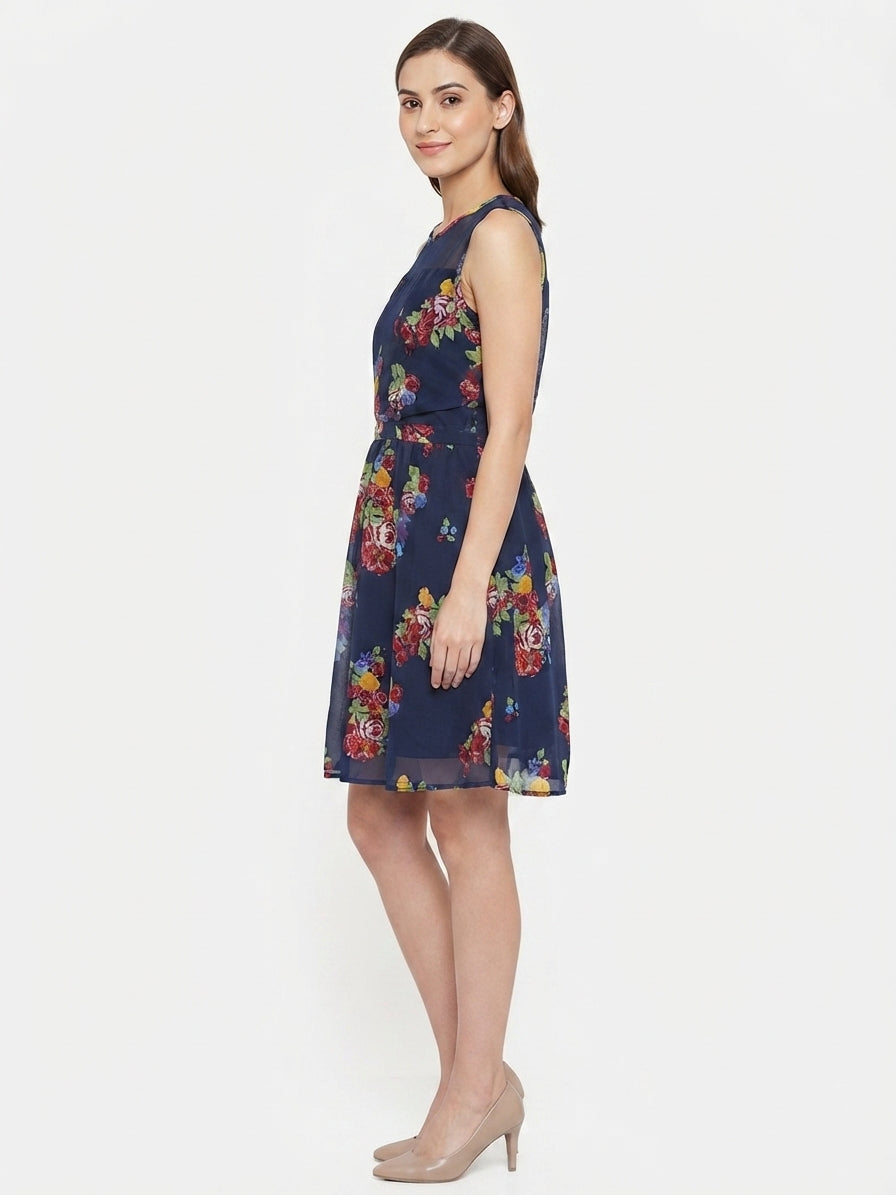 Navy Floral Printed Sleeveless A-line Dress