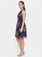 Navy Floral Printed Sleeveless A-line Dress