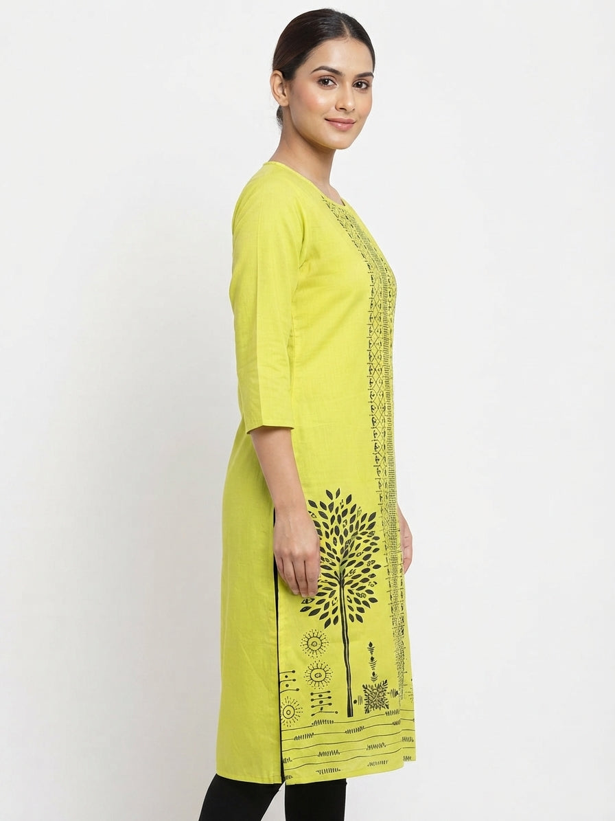 Lemon Ethnic Print Cotton Kurti