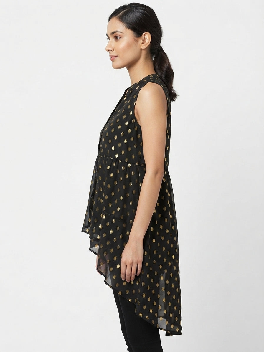 Women's Black Gold Polka Dot Sleeveless High-Low Top