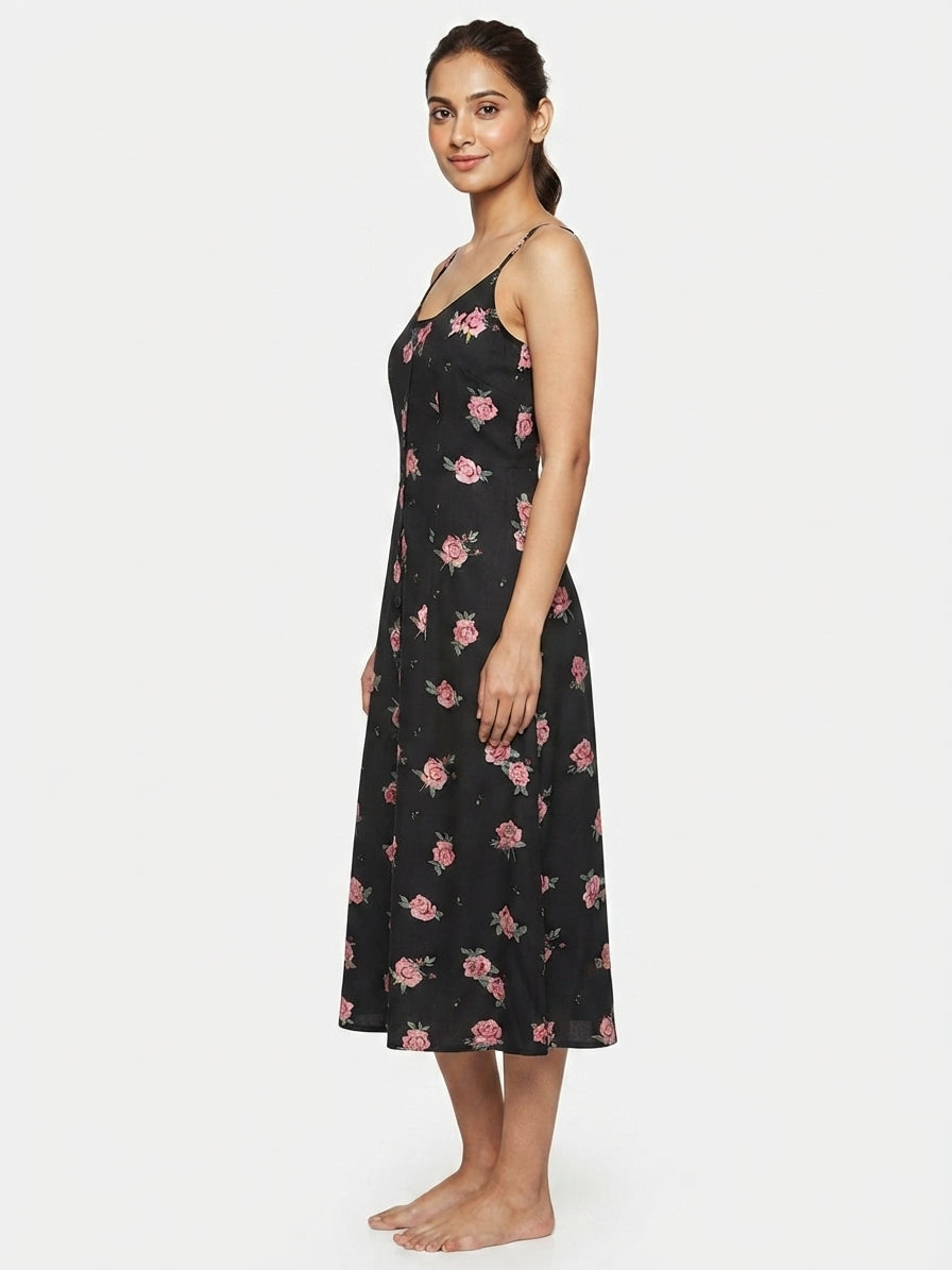 Black Floral Printed A-line Midi Dress
