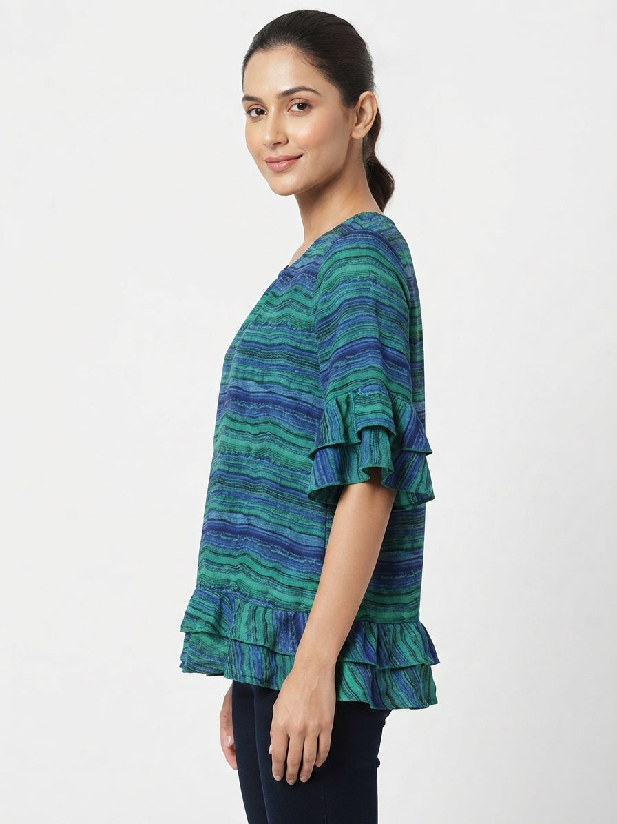 Women's Multi-Color Striped Ruffle Sleeve Top