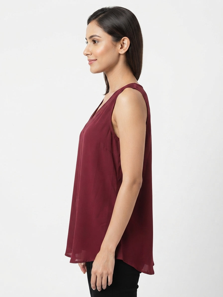 Women's Burgundy V-Neck Sleeveless Relaxed Fit Top