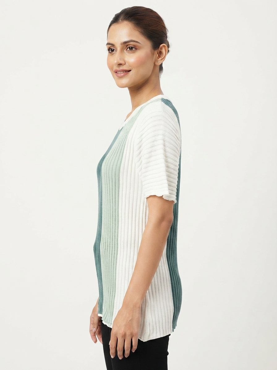Multi-Color Striped Ribbed Knit T-Shirt