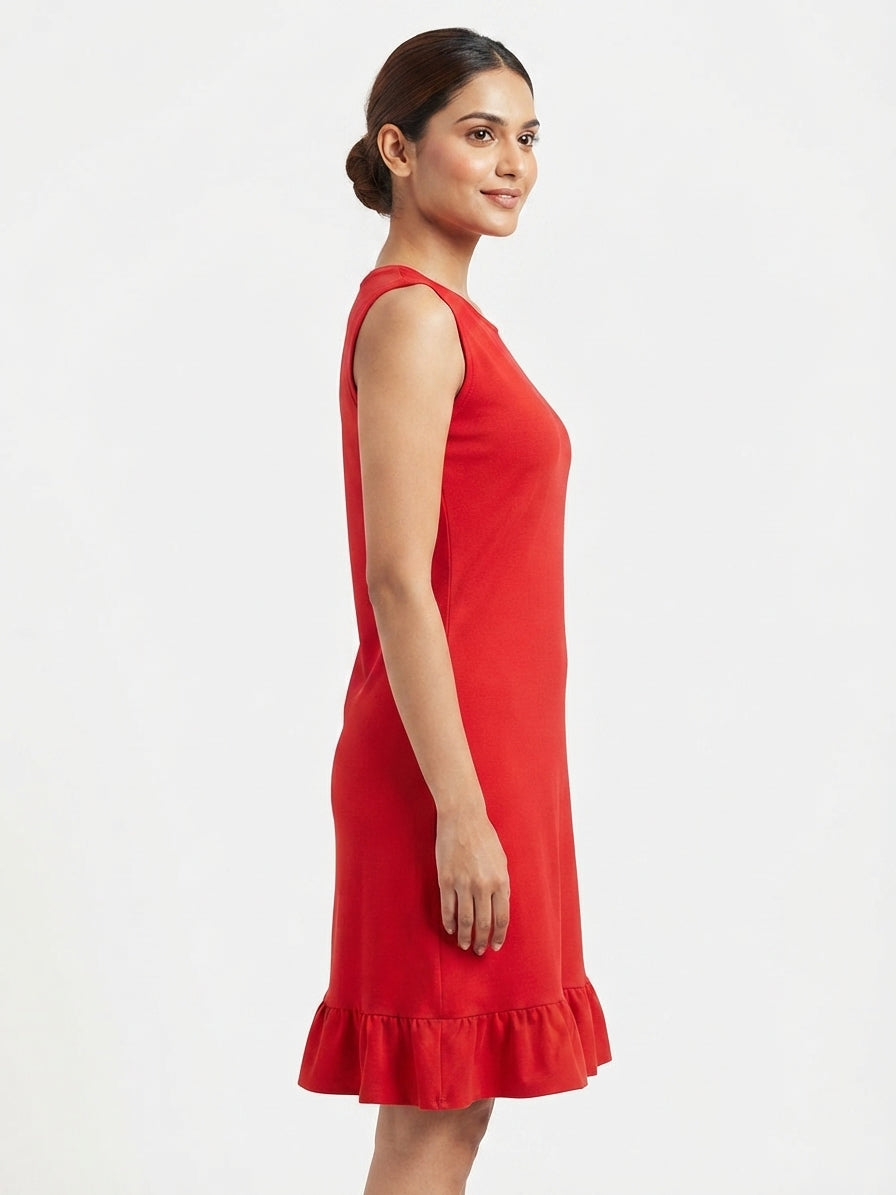 Red Solid Regular Fit Sleeveless Dress with Ruffle Hem